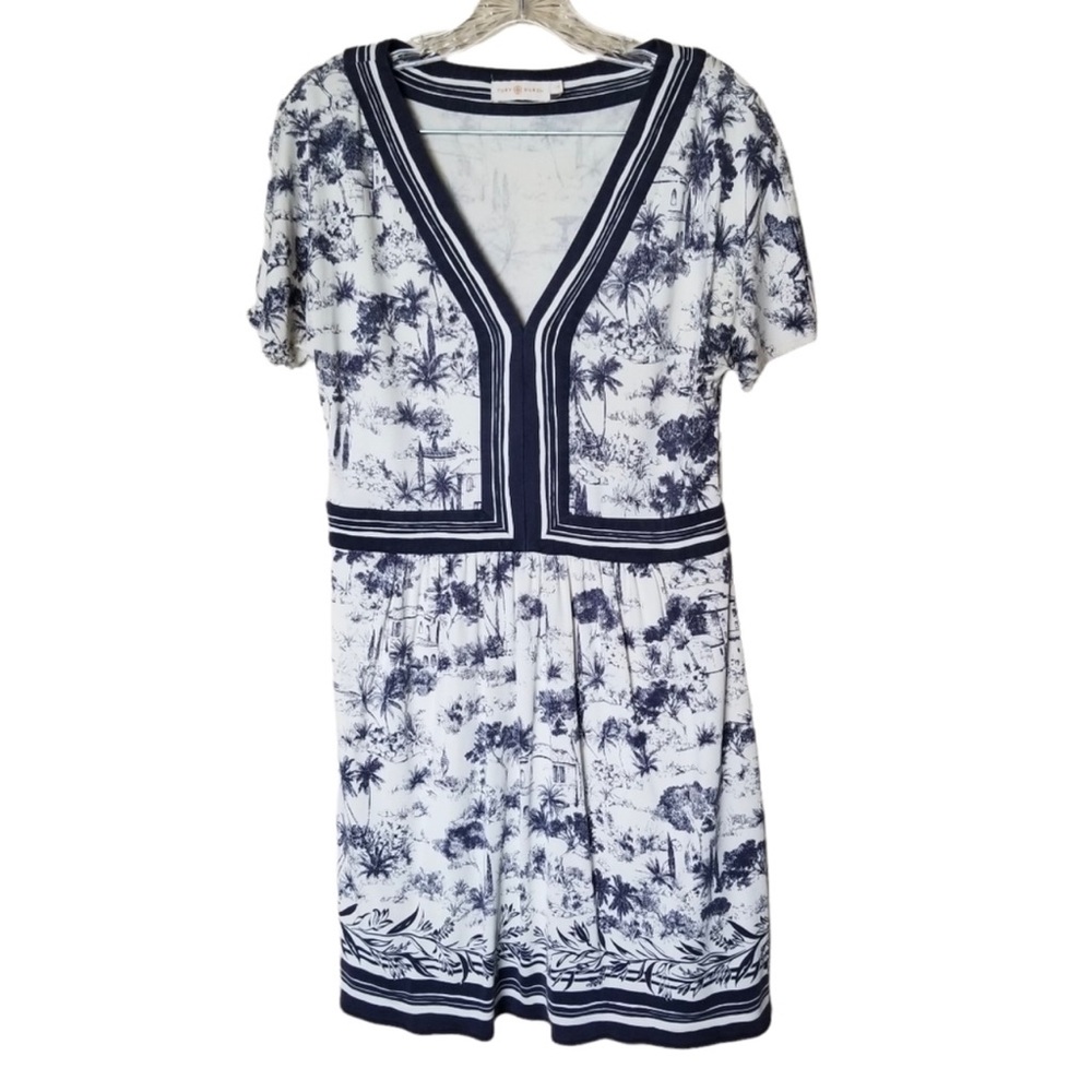 Navy and White Printed Border Hem Dress